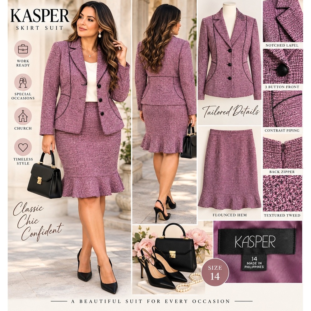 Kasper Womens Size 14 Purple Tweed Skirt Suit Blazer Set Contrast Piping Flounce